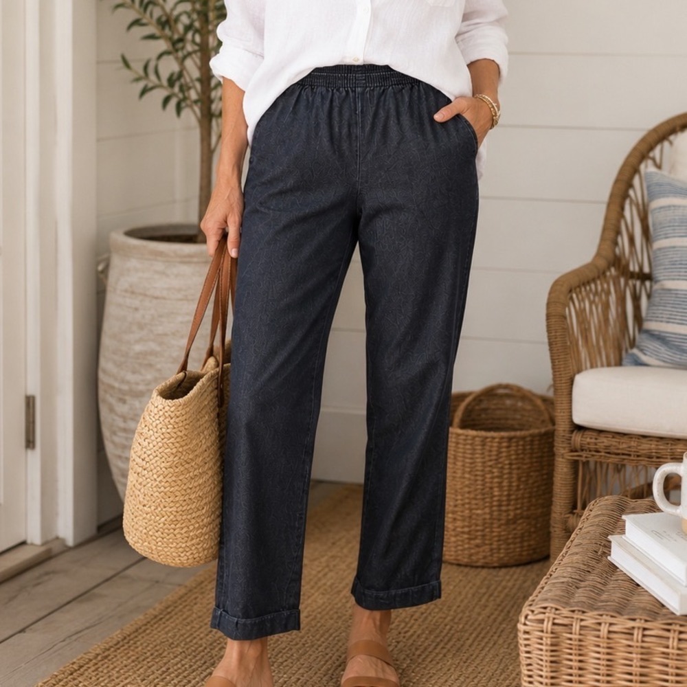 Karen Scott Pull On Denim Pants Elastic Waist Black Size PS Petite Casual‎